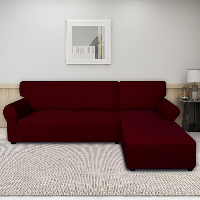 PureFit Super Stretch Sectional Couch Covers - 2 pcs Spandex Non Slip Sofa Covers with Elastic Bottom for L Shape Sectional Sofa Couch, Great for Kids & Pets (3 Seat Sofa + 3 Seat Chaise, Wine)