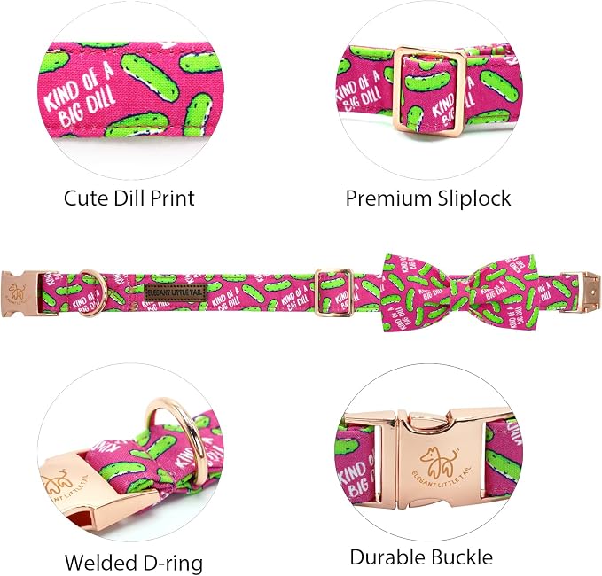 Elegant little tail Dog Collar, Dill Pickles Print Pet Collars with Bow Soft Cutton Boy Puppy Gift Adjustable Pink Bowtie Dog Collar for Small Puppy
