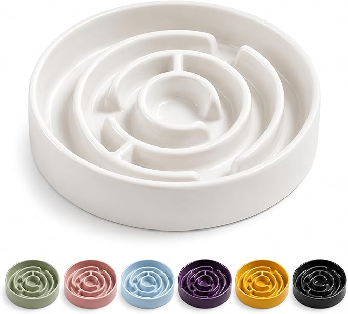 Ceramic Slow Feeder Dog Bowls with Anti-Slip, Slow Feeder & Non-Slip Design, Boredom and Anxiety Reducer, Suitable for All Breed Dogs and Cat (Ceramic-White)