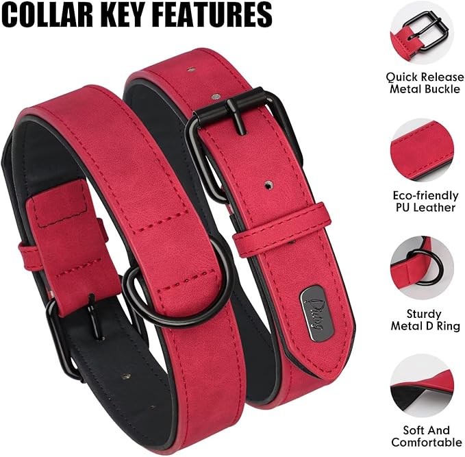 Didog Soft Padded PU Leather Dog Collar, Breathable and Adjustable Red Dog Collars for Small Dogs, Comfortable for Daily Walk, Red, M Fit Neck 11-14"(10-20 lbs)