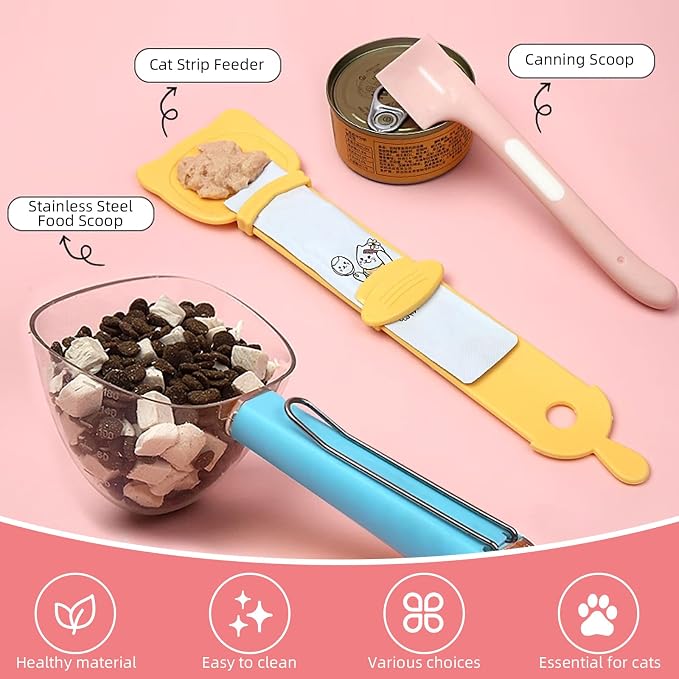 Pet Food Scoop Set 3-Pack, Long Handled Cat Food Measuring Cup with Stainless Steel Clip, Silicone Pet Can Mixing Spoon with Opener, Cute Cat Strip Feeder, Easy to Clean, Safe and Reliable