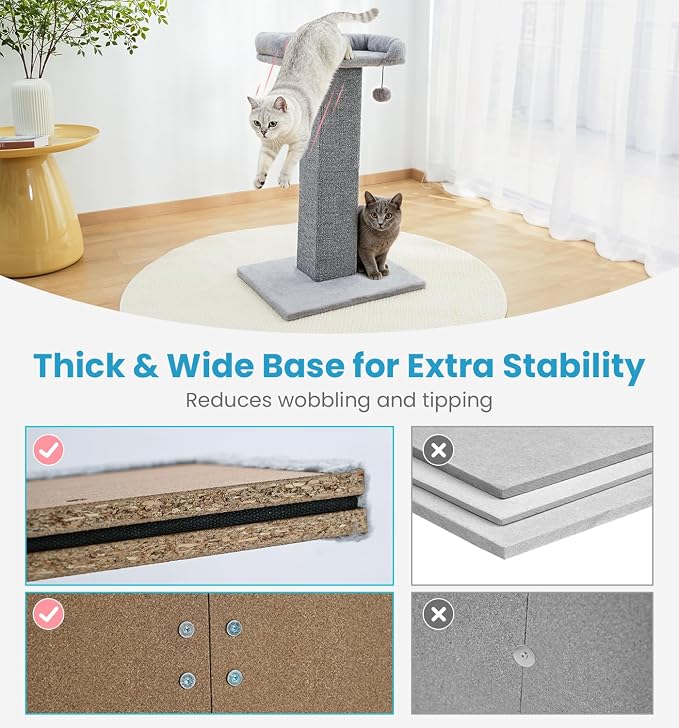 Made4Pets Cat Scratching Post with Bed, 32'' Modern Cat Scratcher with Top Plush Cat Bed, Tall Cat Scratch Post for Indoor Cats, Heavy-Duty Carpet Scratching Post with Hanging Ball Toy, Grey