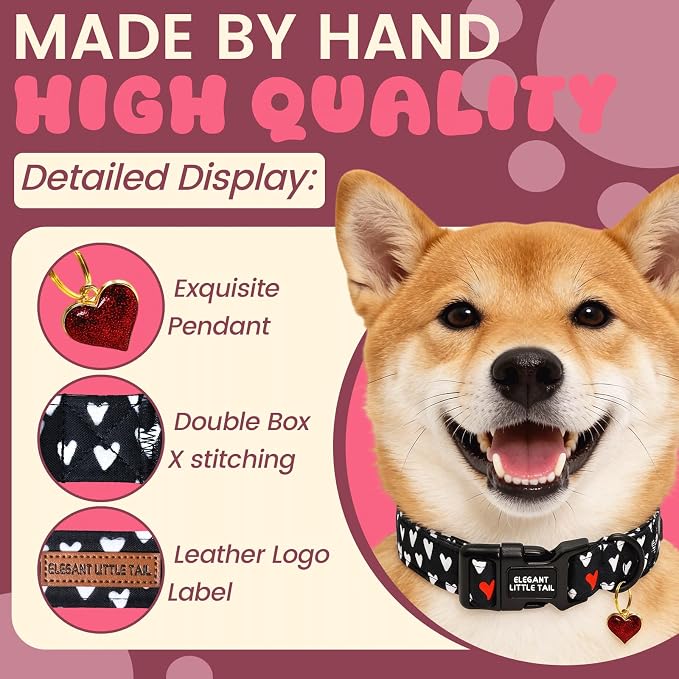 Elegant little tail Valentine's Dog Collar - Black Heart Dog Collars Cotton Soft Puppy Adjustable Pet Collars with Sturdy Quick Release Buckle for Large Dogs