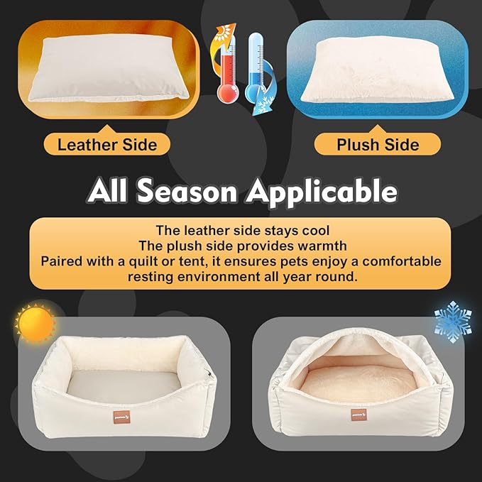 Calming Dog Bed for Medium Dogs,All-Season Leather,Non-Slip One-Key Detachable Washable Dog Bed for Small Dogs Cat Pet Beds with Sides and Cover (White, Medium)