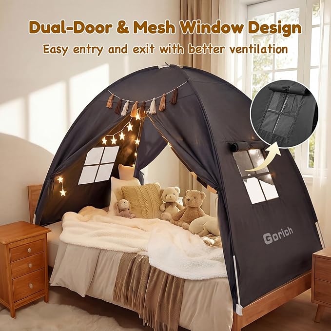 Gorich Twin Bed Tent for Kids, Indoor Privacy Toddler Sleeping Canopy with Mesh Window, Fits Bunk or Floor Bed, Include Star Lights & Tassels, Cozy Playhouse for Boys Girls Birthday
