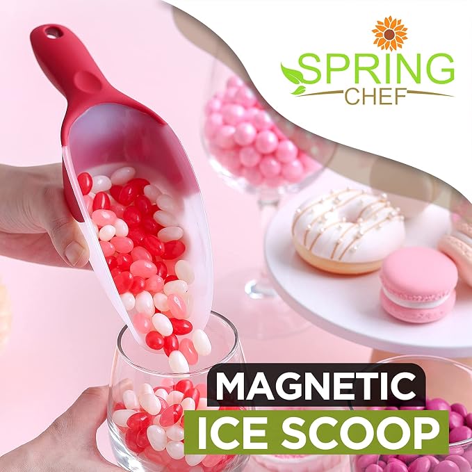 Spring Chef Red Magnetic Ice Scoop for Freezer & Ice Machine - Multifunctional BPA-Free Plastic Scoop with Soft Grip Handle - Kitchen Food Scooper for Flour, Rice, Popcorn, Dog Food - Dishwasher Safe