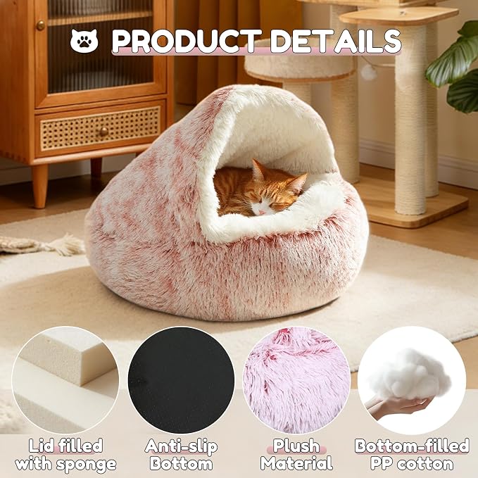 SUOXU Anti-Anxiety Cat Bed, Plush Hooded Cave, 20 in Diameter, Suitable for Small to Medium Pets, Pink