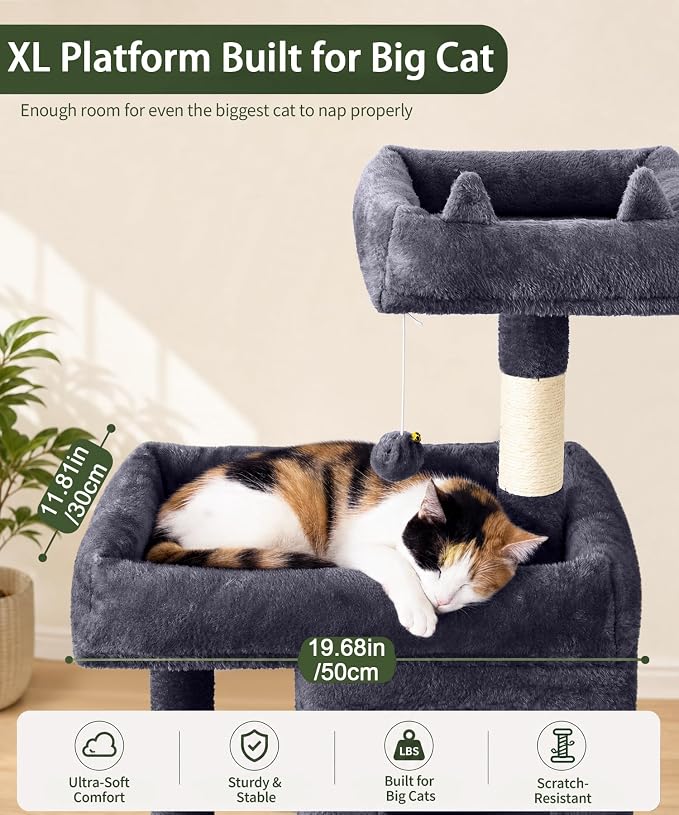 68 Inches Heavy Duty Cat Tree for Indoor Cat, Big Cat Tower with Sisal Scratching Posts and Top Perch, Large Platform for Adult Cats, PMT02DG, Dark Grey
