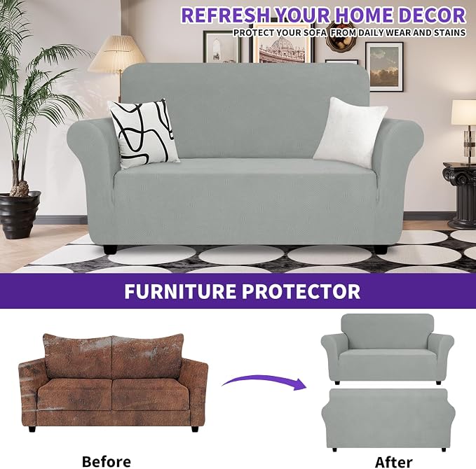 ZNSAYOTX Super Stretch Loveseat Covers (57"-70"), New Striped Love Seat Slipcover, Dogs Pet Friendly Anti-Slip Couch Protector Spandex Durable 2 Seater Fabric Sofa Cover(Light Grey, Loveseat)