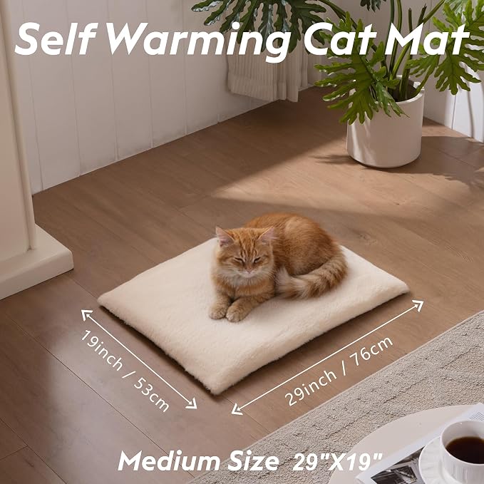 FunFurry Self Warming Cat Bed, Heating Cat Pad, Extra Soft Flannel Surface, Removable ＆ Washable, Thick Thermal Mat with Non-Slip Bottom (Ivory, 29" X 19")