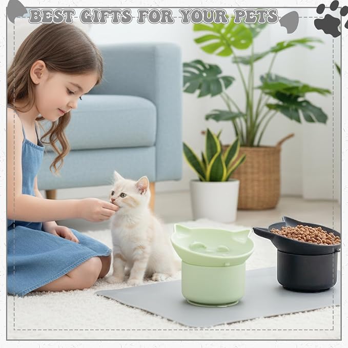 2 Pack Slow Feeder Cat Bowls, Silicone Tilted Raised Pet Bowl with Non Slip Base for Digestion Anti Vomit, Black, Green