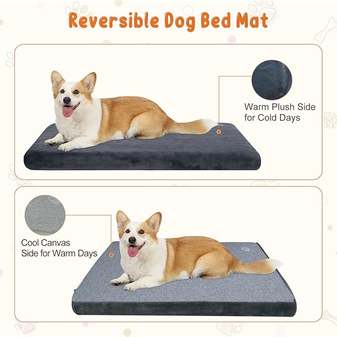 EMPSIGN Stylish Dog Bed Mat Dog Crate Pad Mattress Reversible (Cool & Warm), Water Proof Linings, Removable Machine Washable Cover, Firm Support Pet Crate Bed for Small to XX-Large Dogs, Grey