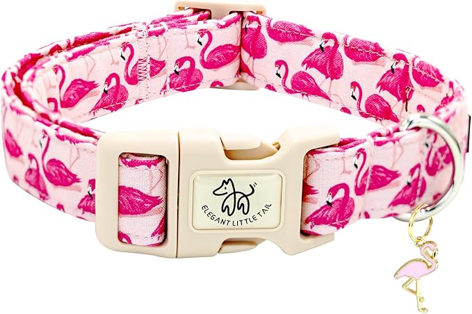 Elegant little tail Dog Collar-Cute Pet Dog Collar Pink Flamingos Print Cotton Soft Girl Puppy Adjustable Pet Collars for Small Medium Large Dogs