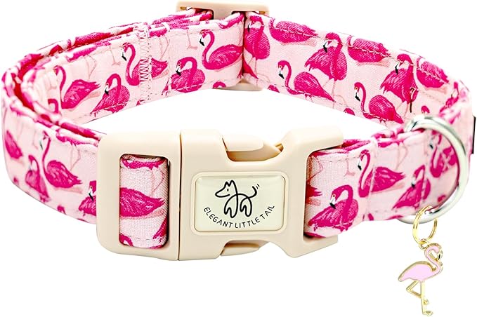 Elegant little tail Dog Collar-Cute Pet Dog Collar Pink Flamingos Print Cotton Soft Girl Puppy Adjustable Pet Collars for Small Medium Large Dogs