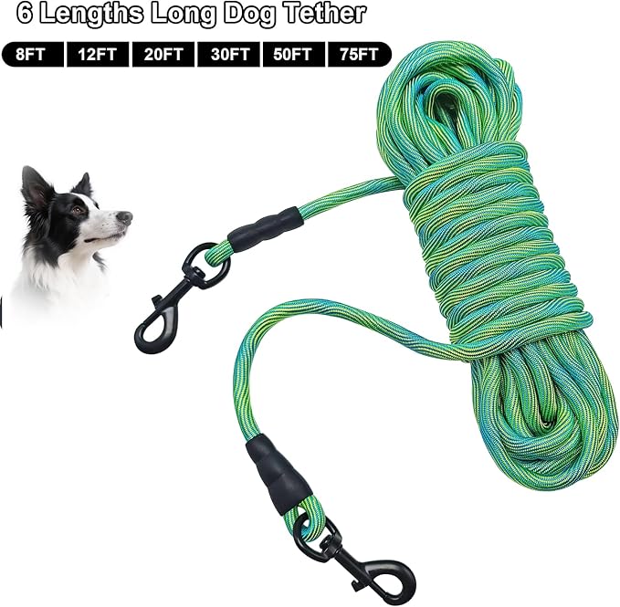 BTINESFUL 8ft 12ft 20ft 30ft 50ft 75ft Dog Tie Out Long Tether Rope Dog Lead, Outdoor Yard Leash, Large Medium Dogs Training, Playing, Camping, Backyard (Green, 50 Foot)