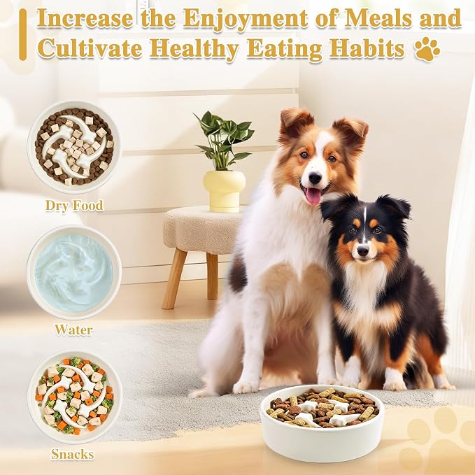 Ceramic Slow Feeder Dog Bowls, 0.6 Cups Dog Food Dish for Small and Medium Breed, Puzzle Dog Food Bowl for Fast Eater, 15OZ, 6.3 inch(Beige)