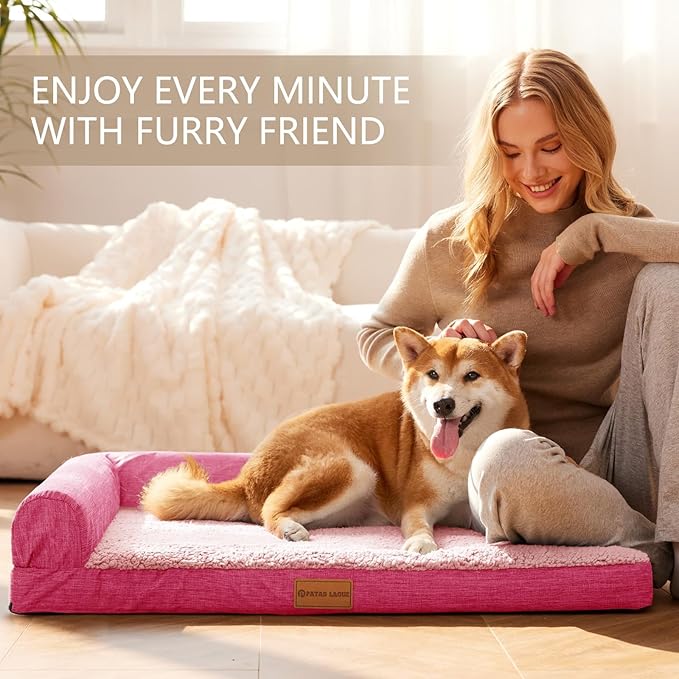 Patas Lague Orthopedic Dog Bed Large Sized Dog 36''X24'', Waterproof L Bolster Medium Pet Sofa Beds with Removable Washable Cover, Soft Pet Couch Crate Mat with Nonskid Bottom, Pink