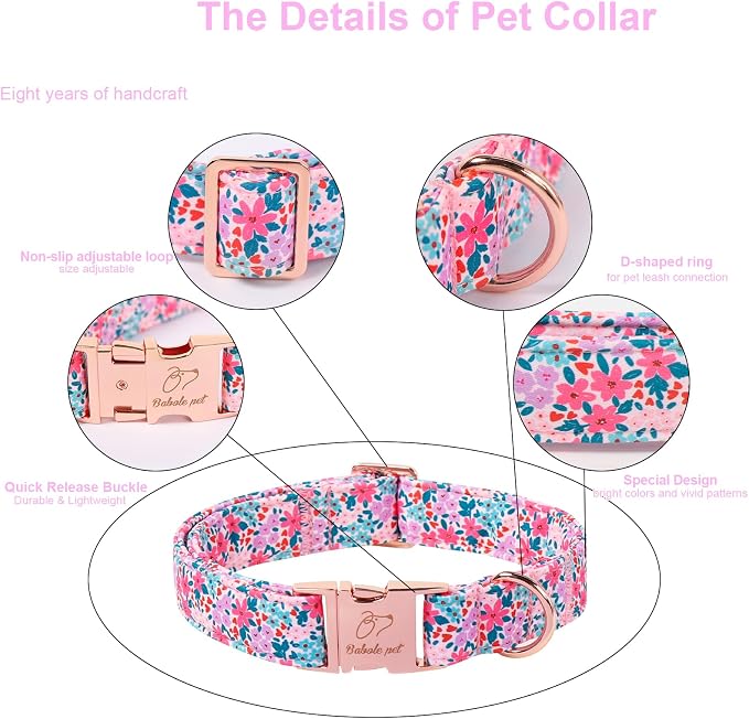 Floral Dog Collar, Cute Spring Summer Girl Dog Collars - Soft Adjustable Everyday Collars for Small Medium Large Dogs, Rustic Wildflowers Female Dogs Collar L