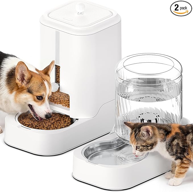 JUNSPOW Automatic Cat Feeder Dog Water Bowl Dispenser Set with Stainless Steel Bowl, Adjustable Food Dispensing & Keep Food Dry, Auto Pet Feeder and Waterer for Cats and Dogs