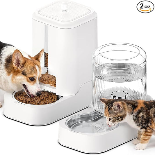 JUNSPOW Automatic Cat Feeder Dog Water Bowl Dispenser Set with Stainless Steel Bowl, Adjustable Food Dispensing & Keep Food Dry, Auto Pet Feeder and Waterer for Cats and Dogs