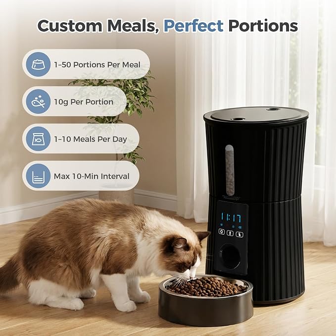 DUMOS 2.4G WiFi Automatic Cat Feeder, 4L Timed Cat Food Dispenser with APP Control, 10s Voice Recorder, Dual Power Supply, Indoor Programmable Pet Feeder with Desiccant for Small Cats and Dogs, Black