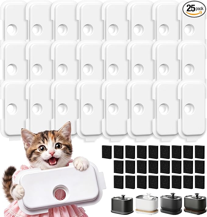 25+25 Packs Replacement Filters for PETLIBRO Dockstream Cat Water Fountain PLWF106/PLWF116/PLWF115/PLWF105/PLWF005, 12 Months Set of Replacement Filters for Pet Water Fountain, 25 Filters + 25 Sponges