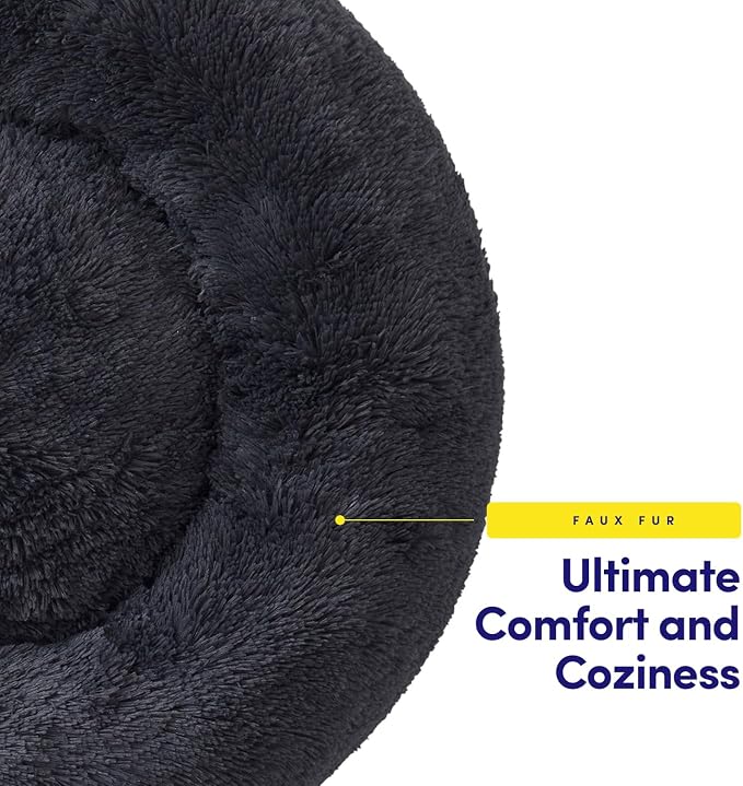 Dog & Cat Bed: Round Faux Fur Pet Bed - Plush, Cozy, & Calming Donut Bed for Large Pets - Soft & Comfortable Sleeping Cushion for Napping & Lounging, 30" Round, Dark Gray