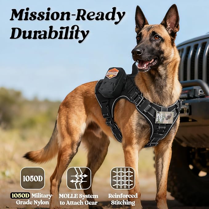 rabbitgoo Tactical Dog Harness for Large Dogs, No Pull Upgraded Reflective Heavy Duty Molle Vest with Handle, Adjustable Military Service Dog Vest for Walking Hiking Training, Black, XL