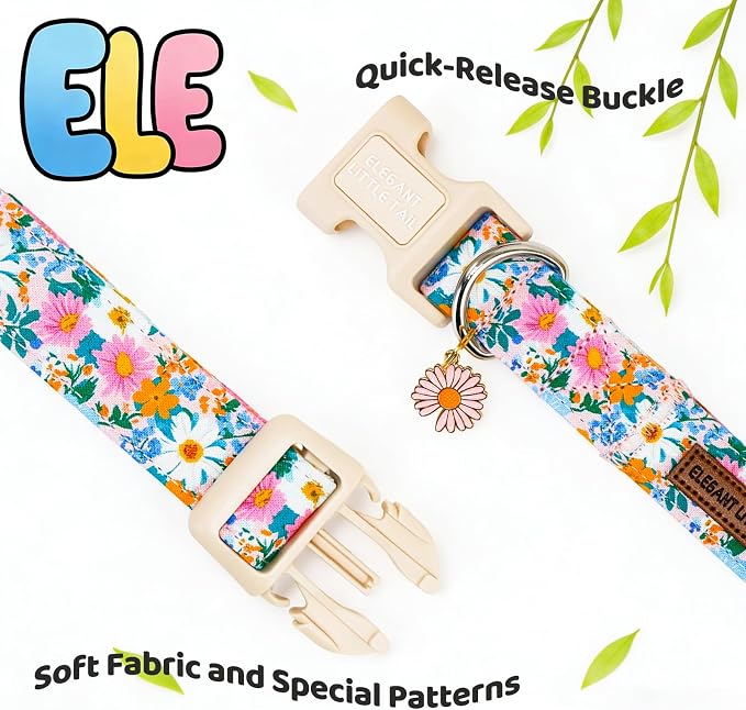 Elegant Little Tail Summer Dog Collar, Pink Daisy Floral Pattern Soft Cotton Pet Collars with Sturdy Quick Release Girl Adjustable Pet Collar for Small Medium Large Dogs