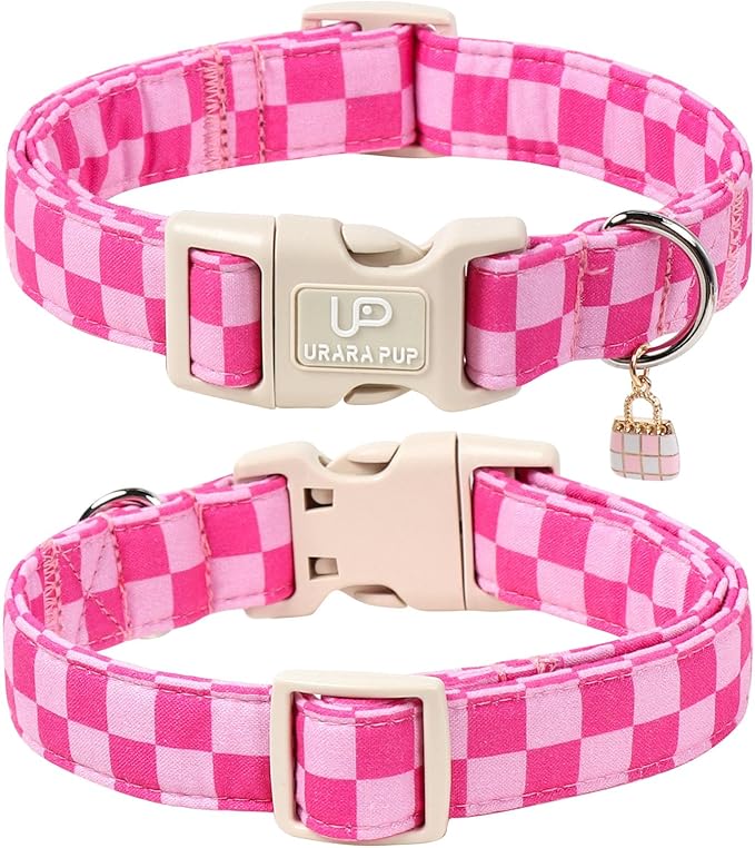 Summer Dog Collar, Pink Checkered Cotton Dog Collar with Quick Release, Gift Pink Collars for Small Medium Large Girls or Boys Dogs Cute Durable Comfortable Pet Collars