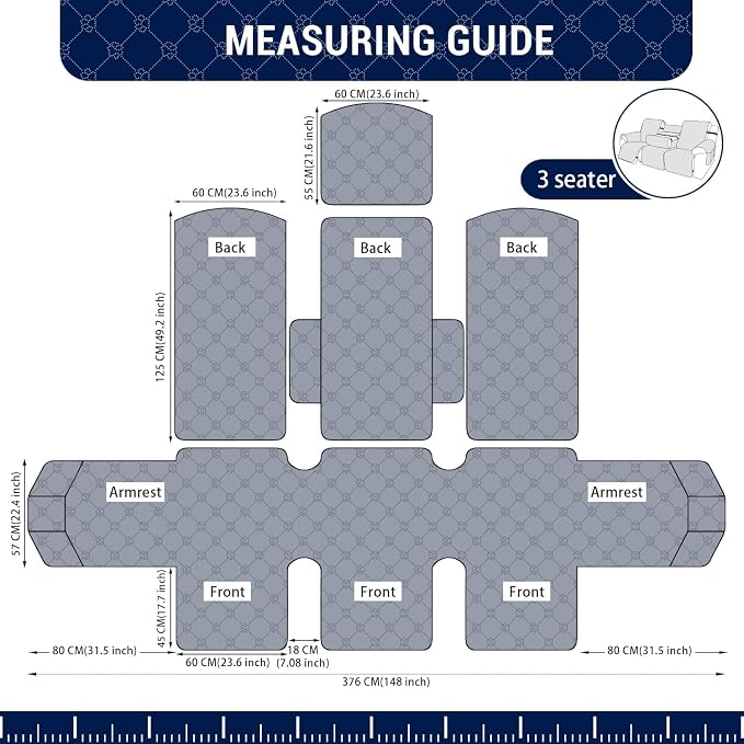 Waterproof Recliner Sofa Covers with Flipped Middle Backrest Washable Recliner Couch Covers Non-Slip with Elastic Straps Furniture Protector for Kid Dogs Pets (Navy Blue)