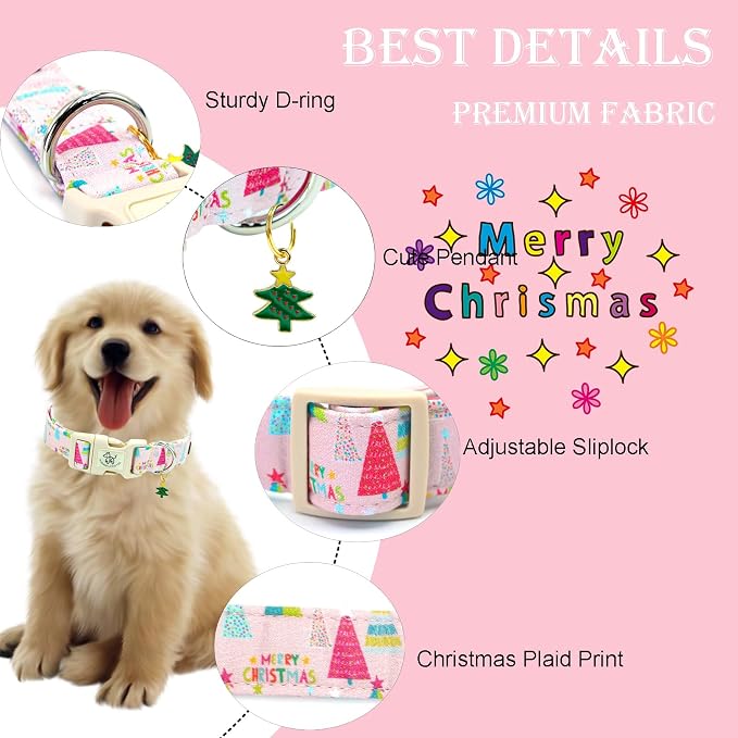 Elegant little tail Christmas Dog Collar - Christmas Tree Pink Pet Collar Cotton Soft Plastic Buckle Sturdy Puppy Collars Holiday Female or Male Adjustable Collar for Large Dogs
