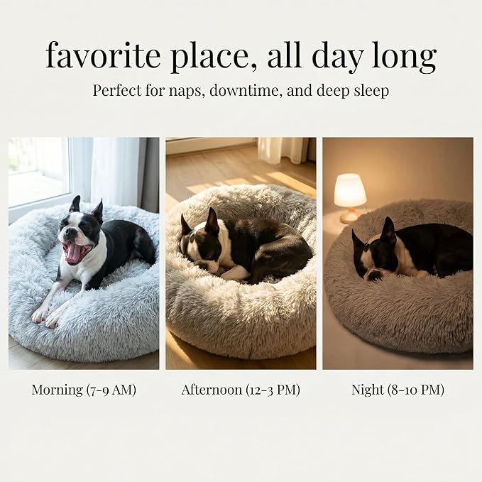 Calming Dog Bed for Medium Dogs Washable Donut 28 inches Anti-Slip Pet Bed,Round Fluffy Plush Faux Fur Cat Bed,Fits up to 40 lbs Pets,Frost Grey