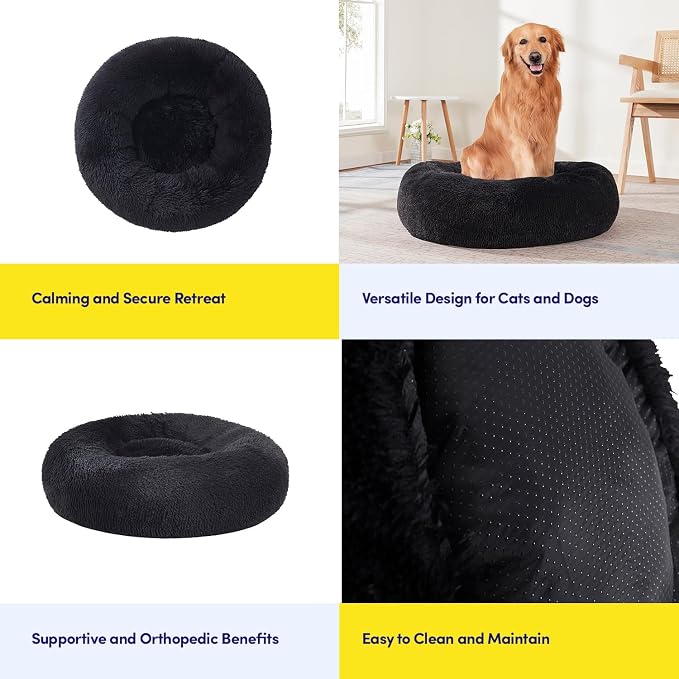 Dog & Cat Bed: Round Faux Fur Pet Bed - Plush, Cozy, & Calming Donut Bed for Small Pets - Soft & Comfortable Sleeping Cushion for Napping & Lounging, 20" Round, Black