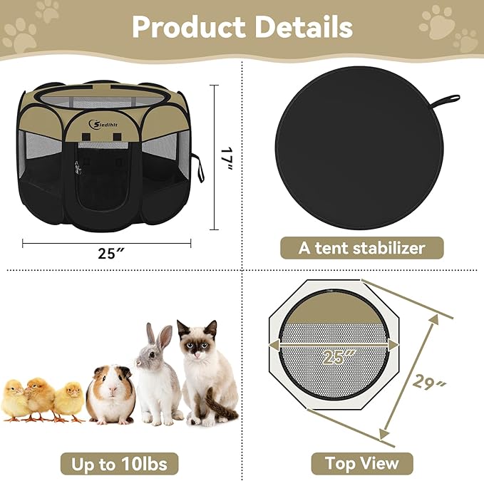 Pink Puppy Playpen for Middle Dog Cat, Dogs Tent Crate Cage Indoor/Outdoor, Portable Pop Up Dog Kennel with Carrying Bag for Rabbits, Removable Top (Black Khaki, Small)