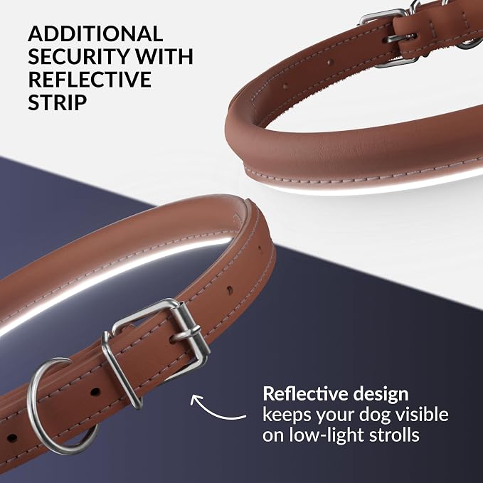 CollarDirect Reflective Rolled Leather Dog Collar, Soft Padded Round Puppy Collar, Handmade Genuine Leather Collar Dog Small Large Cat Collars 13 Colors (15-19 Inch, Cinnamon Reflective)
