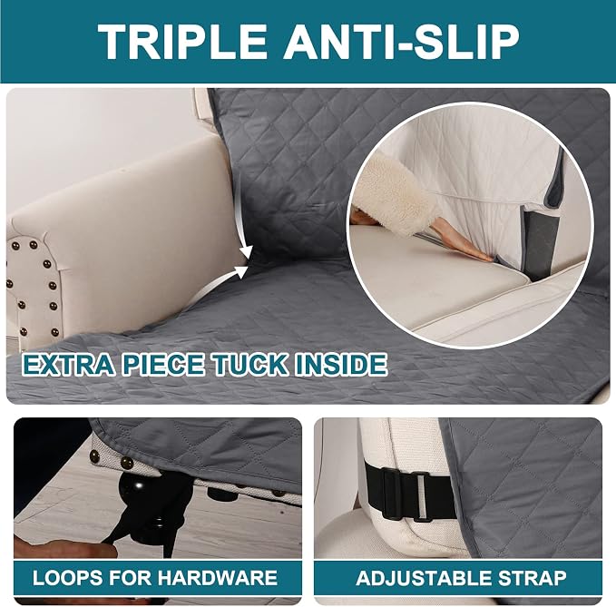 Turquoize 100% Waterproof Sofa Covers Chaise Lounge L Shape Sofa Protector Slip Cover Triple Non-Slip Sofa Slipcover for Sectional Couch Cover for Pets, Kids (Chaise, Gray)