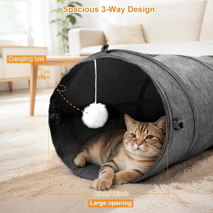 Ownpets Cat Tunnel Large 3 Way Collapsible Cloth Pet Tunnel Tube with Plush Ball & Feather Toy, U-Shaped Cat Play Tunnel for Indoor Cat, Puppy, Kitty, Kitten, Rabbit(Gray)