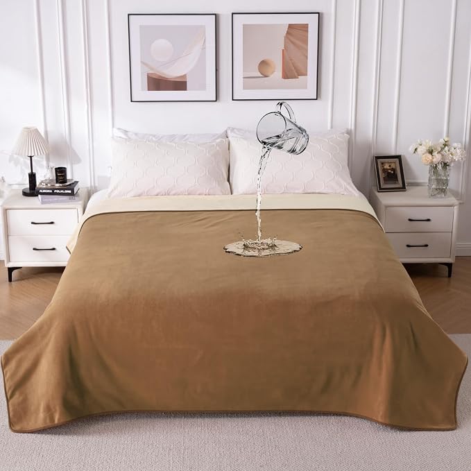 QiyI Waterproof Blanket for Bed King Size, Washable Reversible Bed Cover, Large Leakproof Stain-Resistant Furniture Protector for Travel & Camping, 80"x90", Brown/Tan