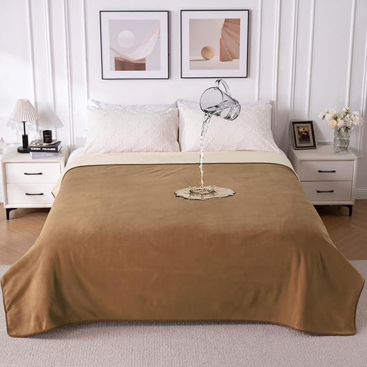 QiyI Waterproof Blanket for Bed King Size, Washable Reversible Bed Cover, Large Leakproof Stain-Resistant Furniture Protector for Travel & Camping, 80"x90", Brown/Tan