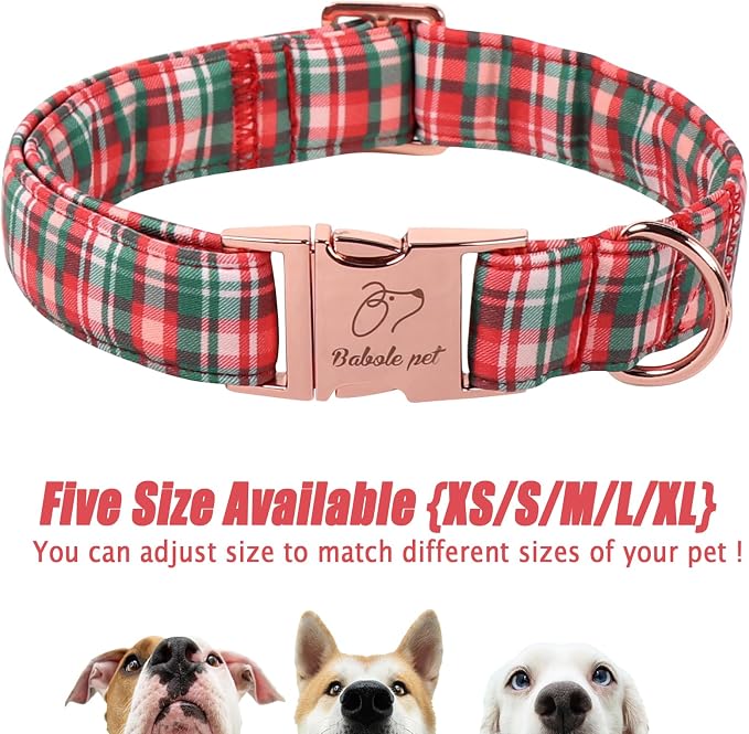 Christmas Plaid Dog Collar for Medium Dogs - Green & Rose Tartan Christmas Collars for Dogs, Sweet Festive Winter Heavy-Duty Adjustable Dog Collars with Metal Buckle M