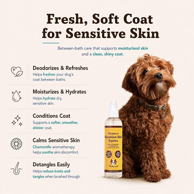 Natural Dog Company Sensitive Skin Deodorizing Spray 8 oz – Hypoallergenic Neutral-Scent Dog Spritz with Aloe, Oatmeal & Lavender – Free of Sulfates, Parabens & Artificial Fragrance