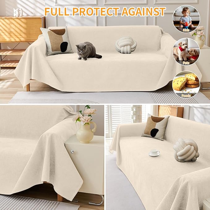 Deep Dream Cat-Scratch Resistant Couch Cover, Waterproof Sofa Cover for 3 Cushion Couch Washable, Pet Friendly Couch Protectors Anti Slip Thickened Sofa Slipcovers for Dogs Pets, 91" x 134", Beige