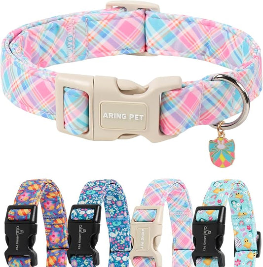 ARING PET Easter Dog Collar, Cute Colorful Plaid Stripe Girl Doggy Collars with Quick Release Buckle for Puppy Small Medium Large Dogs-M