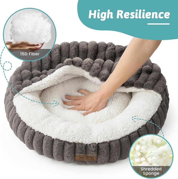 COZY KISS Hooded Blanket Cat Bed – 20"x20" Round Fluffy Donut Cuddler for Cats & Toy Dogs, Anti-Anxiety Faux Fur Pet Bed, Machine Washable with Non-Slip Bottom, Grey
