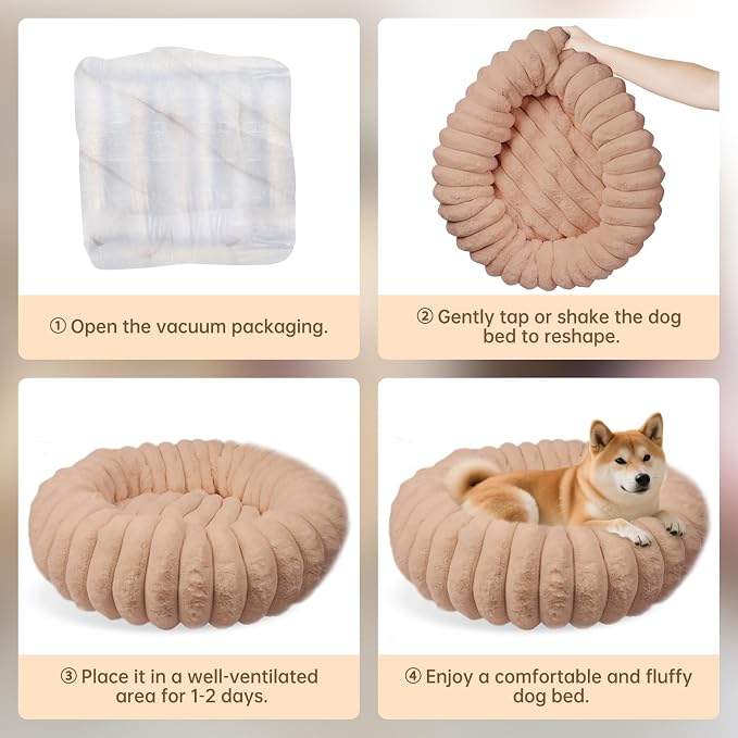 Donut Dog and Cat Bed, Luxurious Comfortable Faux Rabbit Fur Pet Beds, Round Anti-Anxiety Calming Puppy Kitten Bed with Anti-Slip Bottom for Small Medium Dogs & Cats(31", Brown)