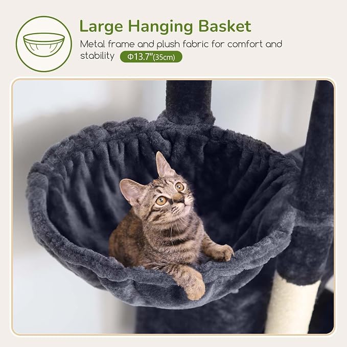Globlazer 74in Cat Tree for Indoor Cats Large Adult, Heavy Duty Cat Tower with 5 Sisal Scratching Posts, 2 Caves, Oversized Top Perch, Hanging Basket, F74B, Dark Grey