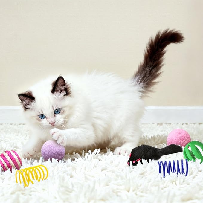 Cat Toys for Indoor Cats, 35 Packs Interactive Cat Toys Set with Colorful Springs, Mouse Cat Toy, Crinkle, Sisal, Pompom and Color Bell Balls for Kitten Toys