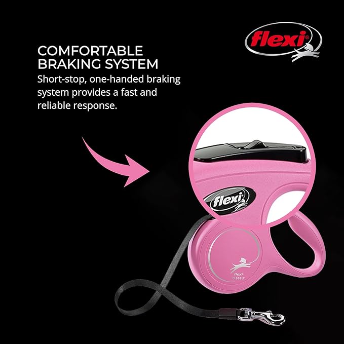 FLEXI Classic Cord Retractable Dog Leash for Small Dogs up to 26 lbs. – 16 ft., Pink | Tangle-Free Cord Design with One-Handed Brake, Pause, Lock|German Quality Product