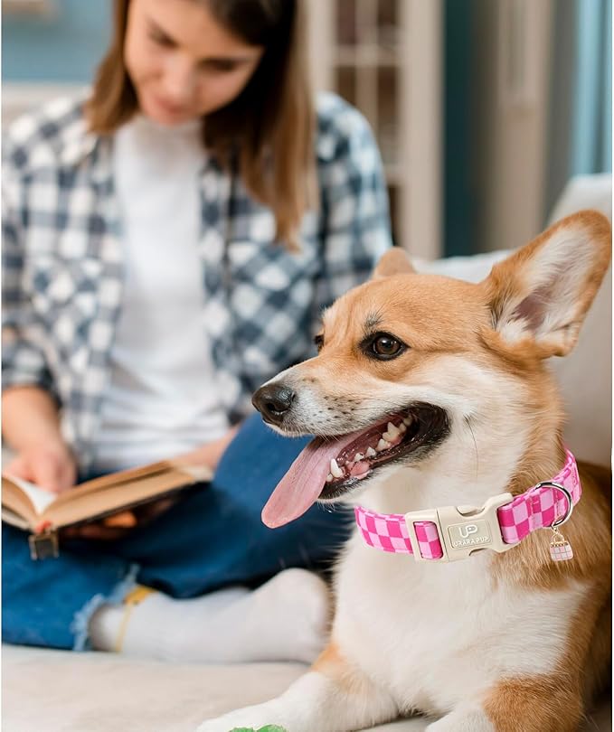 Summer Dog Collar, Pink Checkered Cotton Dog Collar with Quick Release, Gift Pink Collars for Small Medium Large Girls or Boys Dogs Cute Durable Comfortable Pet Collars